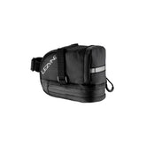 Lezyne L-Caddy black saddle bag with water-resistant zipper and reflective logos, designed for bike accessories and storage.