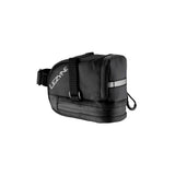 Lezyne L-Caddy black saddle bag with water-resistant zipper and reflective logos, designed for bike accessories and storage.