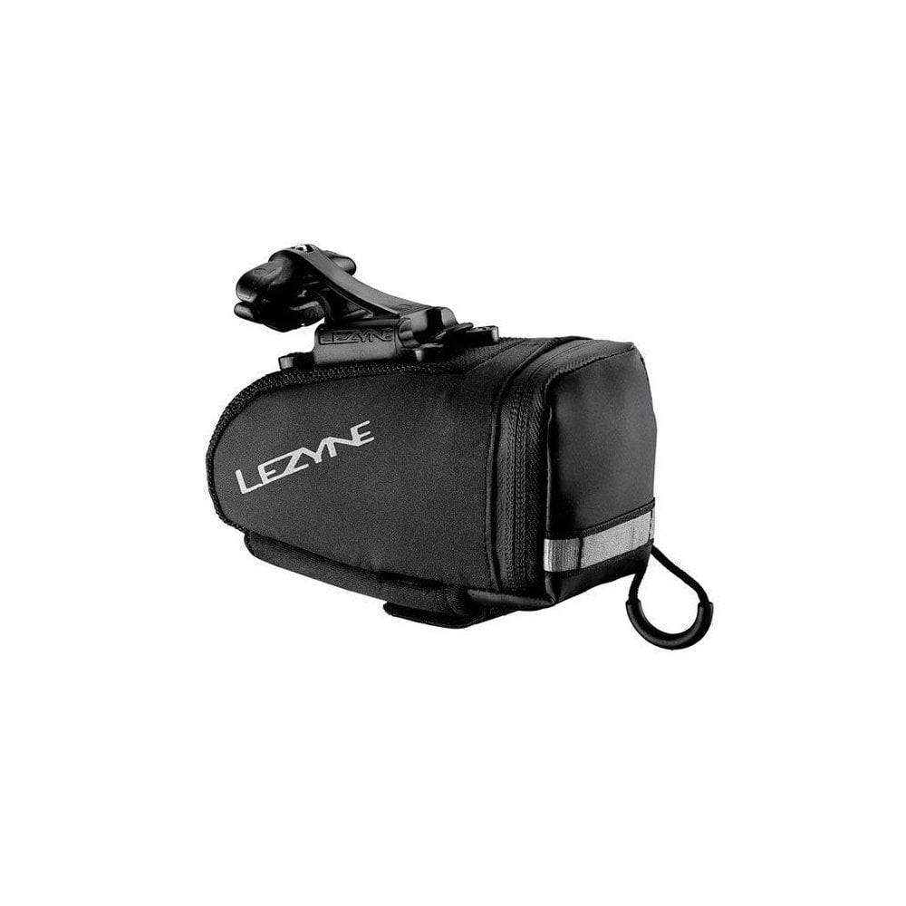 Lezyne M Caddy QR Medium saddle bag in black with quick-release mount, designed for bike accessories and storage.