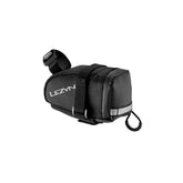 Lezyne M-Caddy medium saddle bag in black with water-resistant zipper and reflective logos, designed for bike accessories.