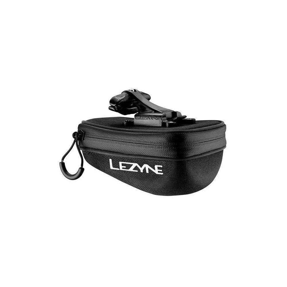 Lezyne Pod Caddy M QR saddle bag in black with reflective piping, quick-release bike storage accessory mounted on bike saddle