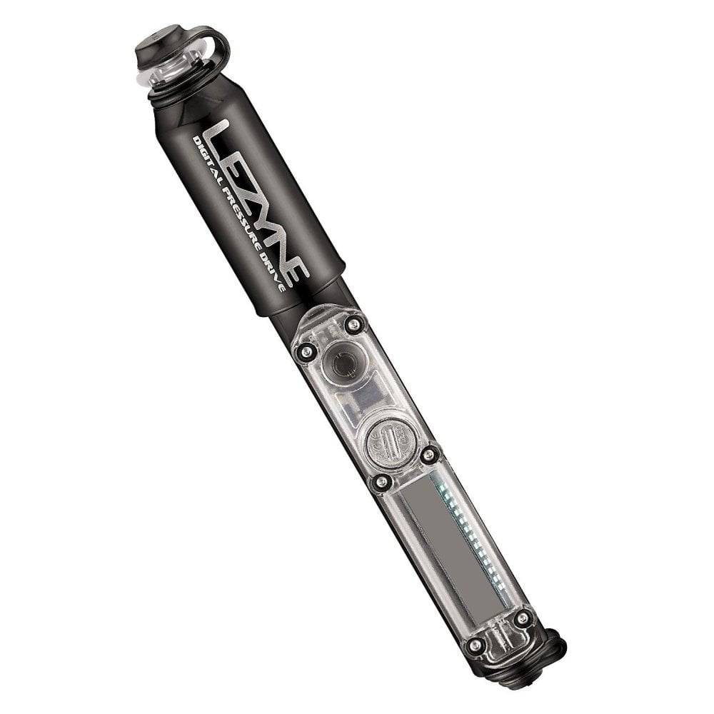 Lezyne Digital Pressure Drive hand pump with digital gauge, black, for Presta and Schrader valves, showcasing the pump and digital display.