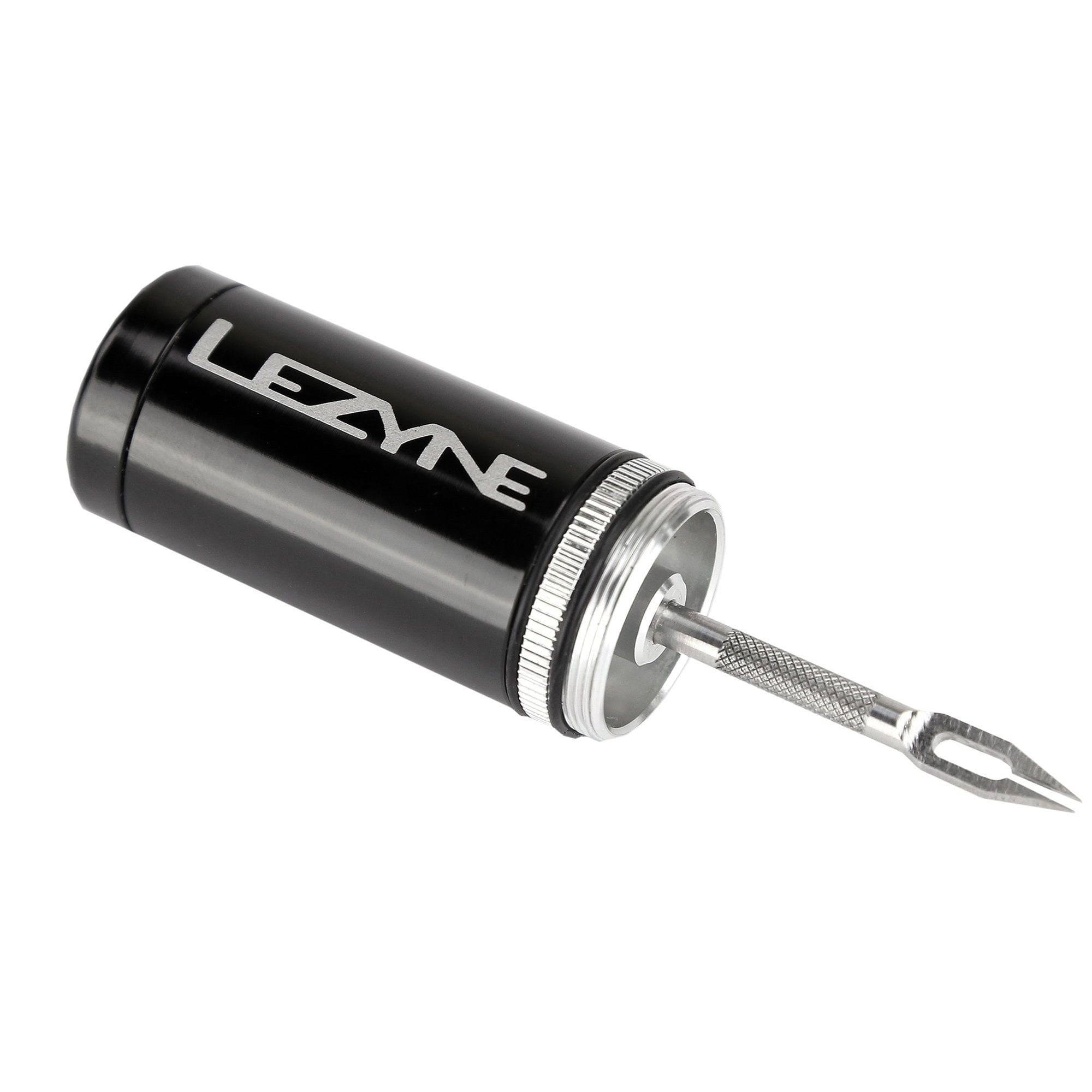 Lezyne tubeless tire repair kit with aluminum handle and plugs, black color, ideal for workshop use and quick puncture repairs