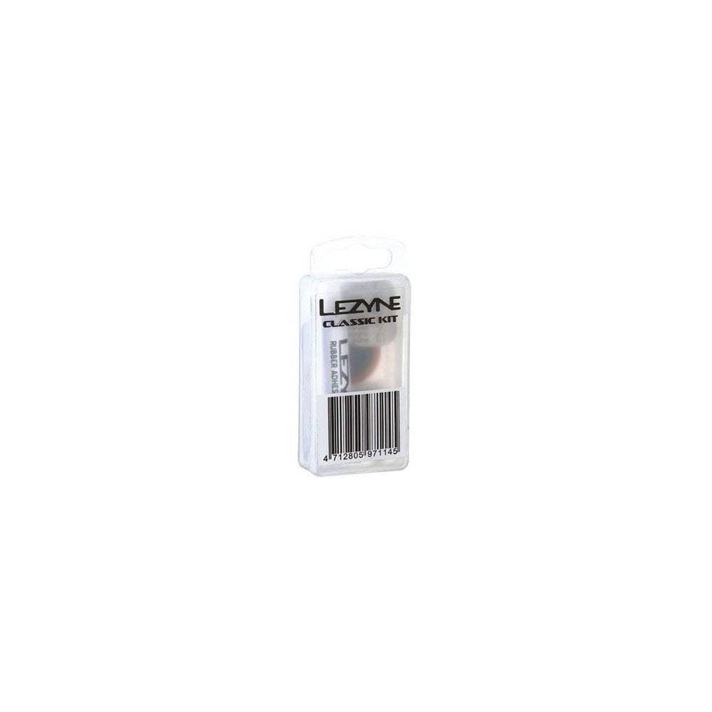 Lezyne Classic Patch Kit for tyre repairs with adhesive and tools, featuring a compact workshop set for bicycle tire maintenance.