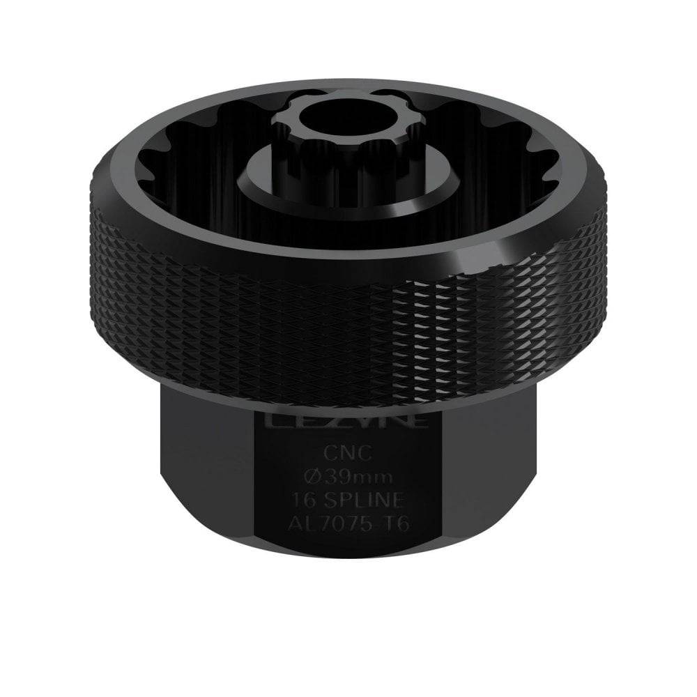 Lezyne CNC alloy bottom bracket tool in black with Shimano cap and hex compatibility, designed for bicycle workshop use.