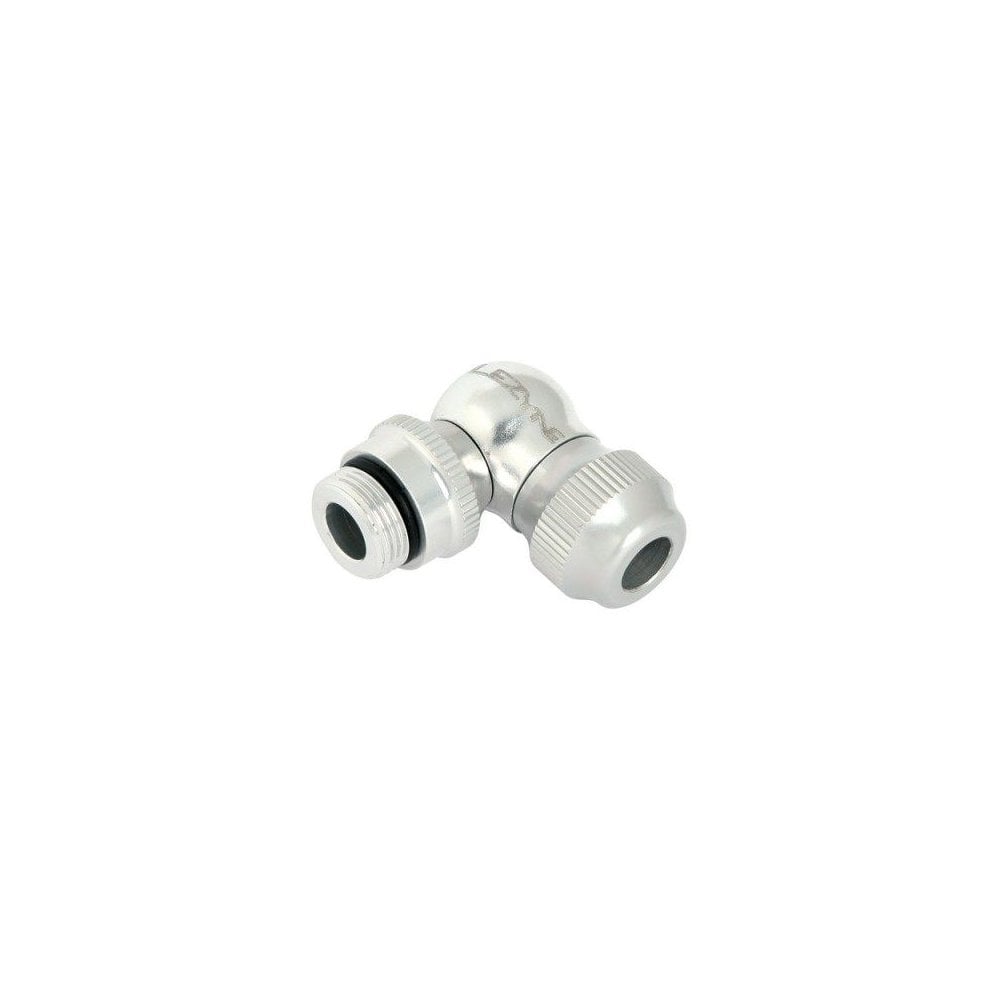 Lezyne Slip Chuck Presta valve connector with 90° angle for disc wheels, featuring replaceable seals in a workshop setting.