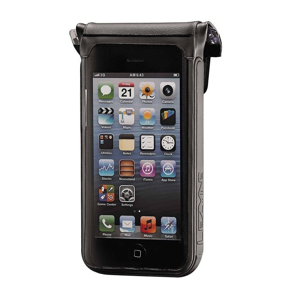 Lezyne Smart Dry Caddy 5S waterproof smartphone pannier bag with X-Lock mount attached to bike rack.