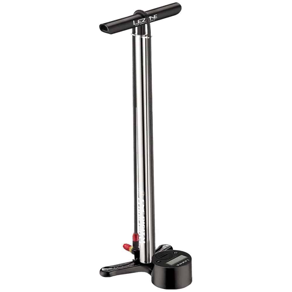 Lezyne CNC Digital Drive 3.5 floor pump with large digital gauge, silver hi-gloss finish, used for bicycle tire inflation.