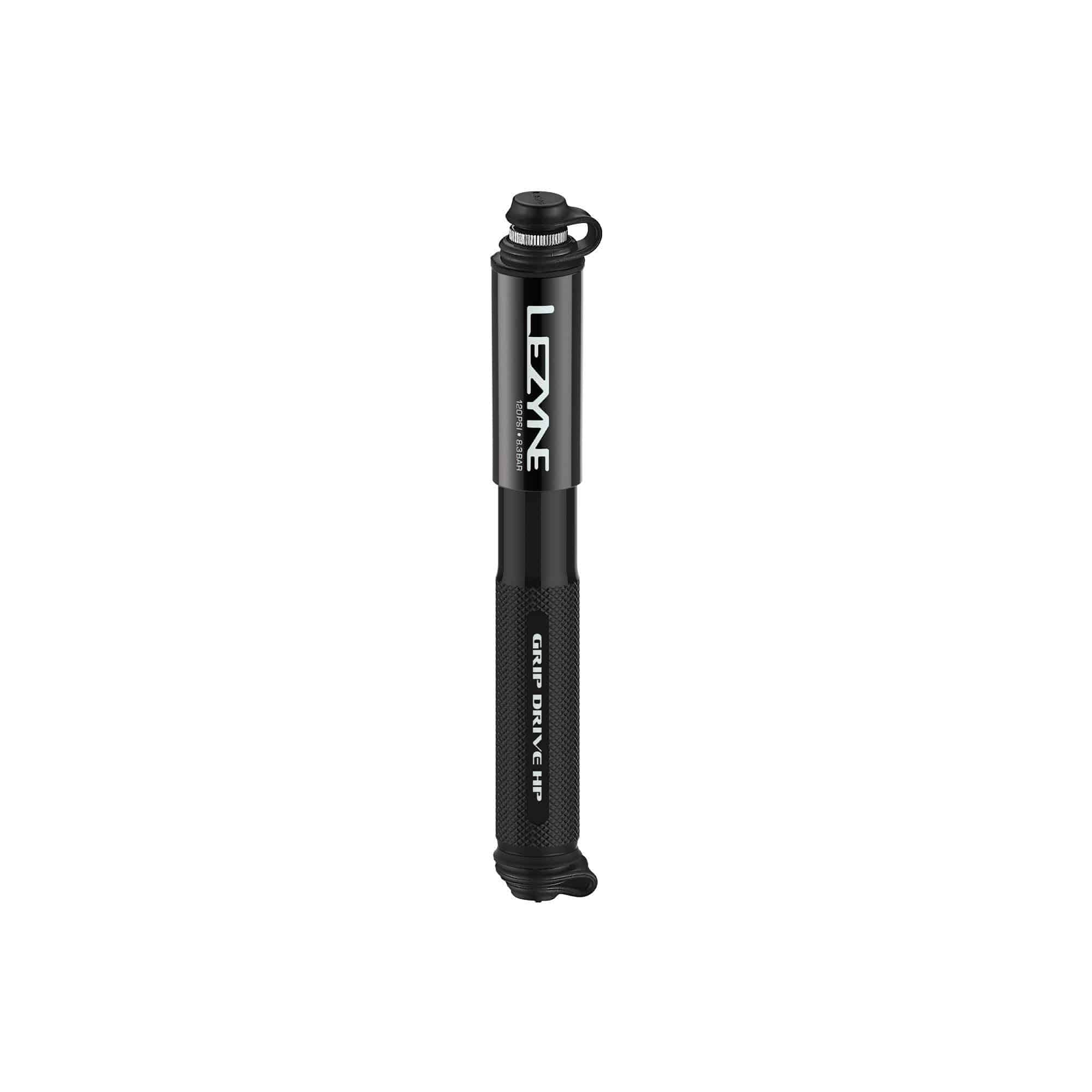 Lezyne Grip Drive HP hand pump with ABS flex hose for high-pressure bike tires, durable cycling accessories.