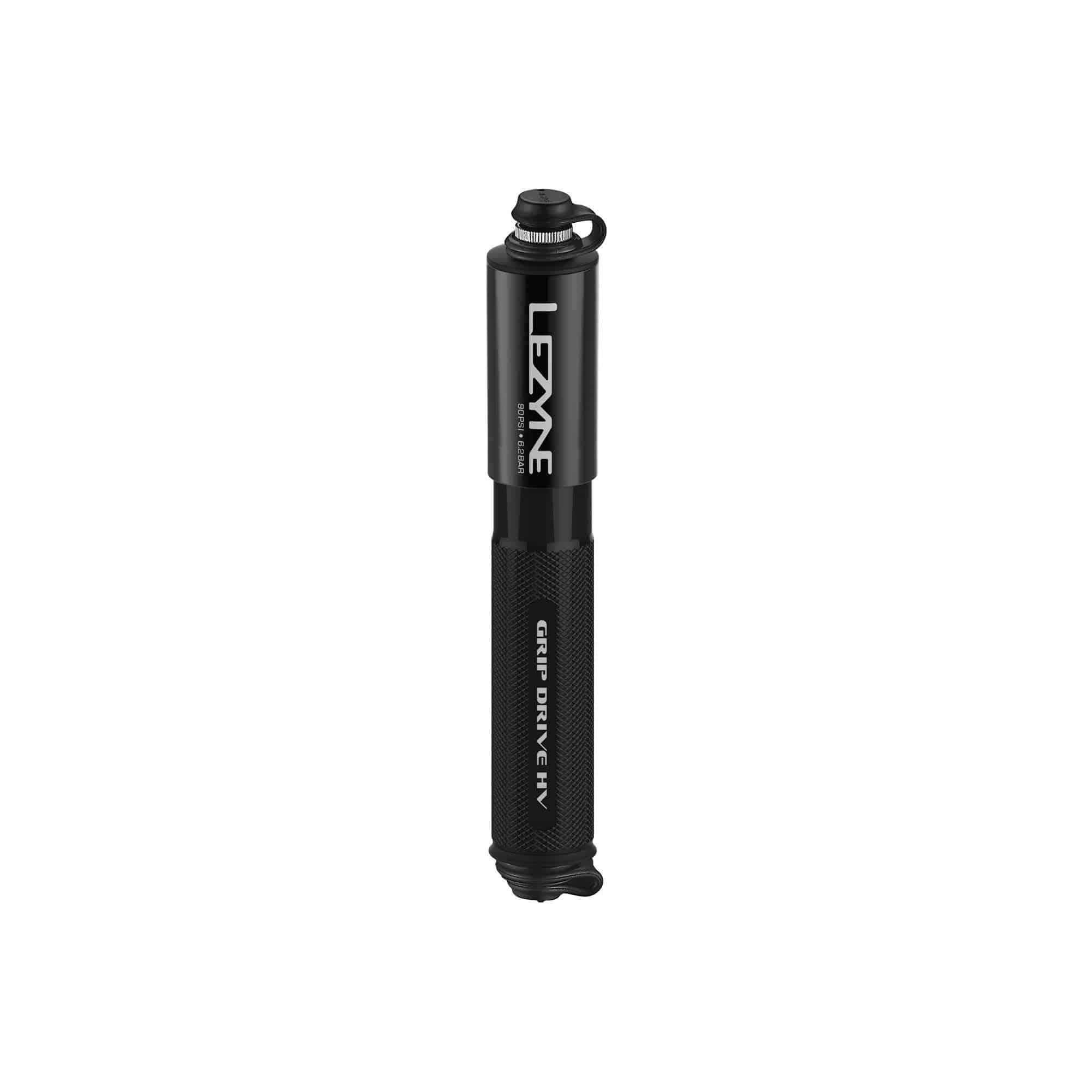 Lezyne Grip Drive HV hand pump with ABS flex hose for high-volume bike tires, compact bicycle pump accessory.