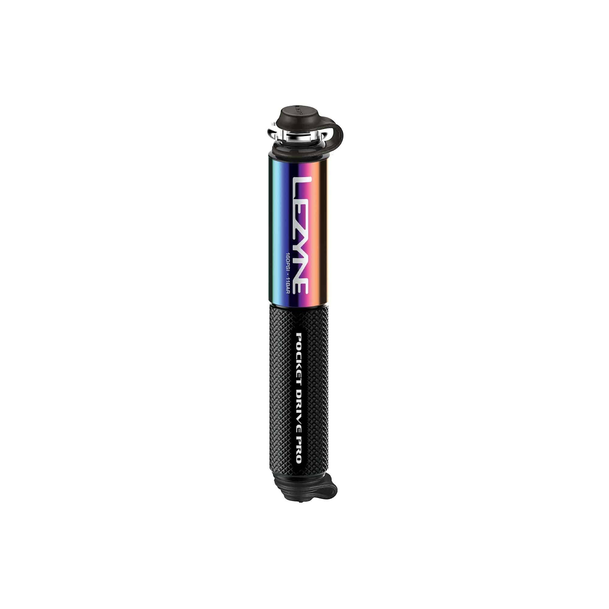 Lezyne Pocket Drive Pro hand pump with ABS Flex Hose, suitable for Presta and Schrader valves, compact bicycle pump accessory