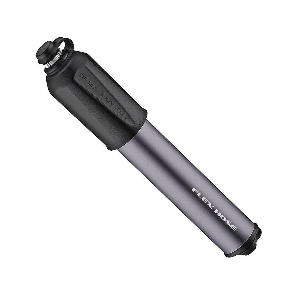 Lezyne Sport Drive HV-S grey high volume bike pump with flex hose and frame mount, designed for easy bicycle tire inflation.