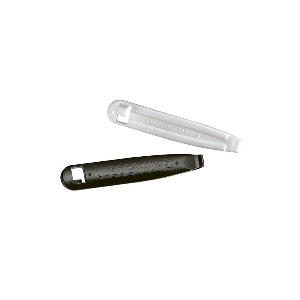 Lezyne Power Tyre Lever Pair in durable composite material for bicycle tire repair, shown in a workshop setting.