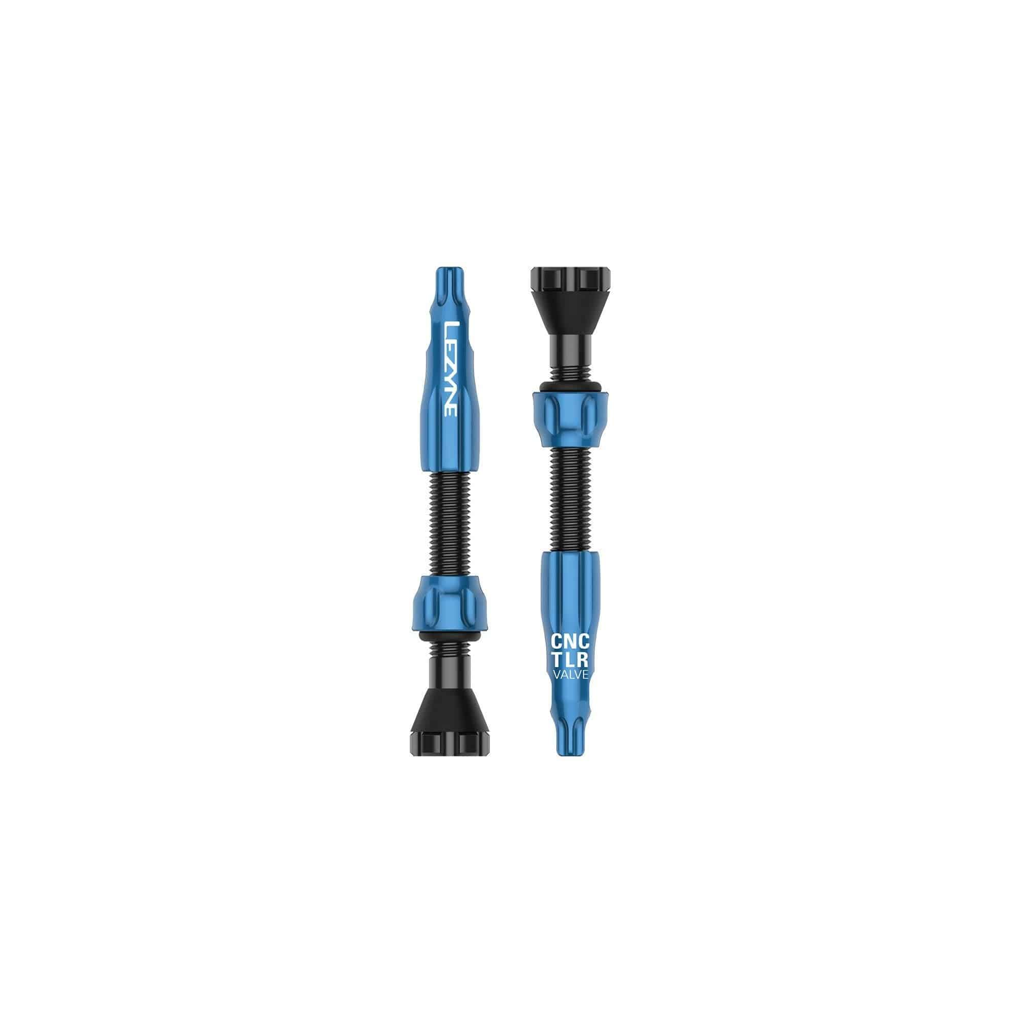 Lezyne CNC TLR tubeless valve pair with 44mm Presta valves and core tool, suitable for bicycle wheel tubeless setups.