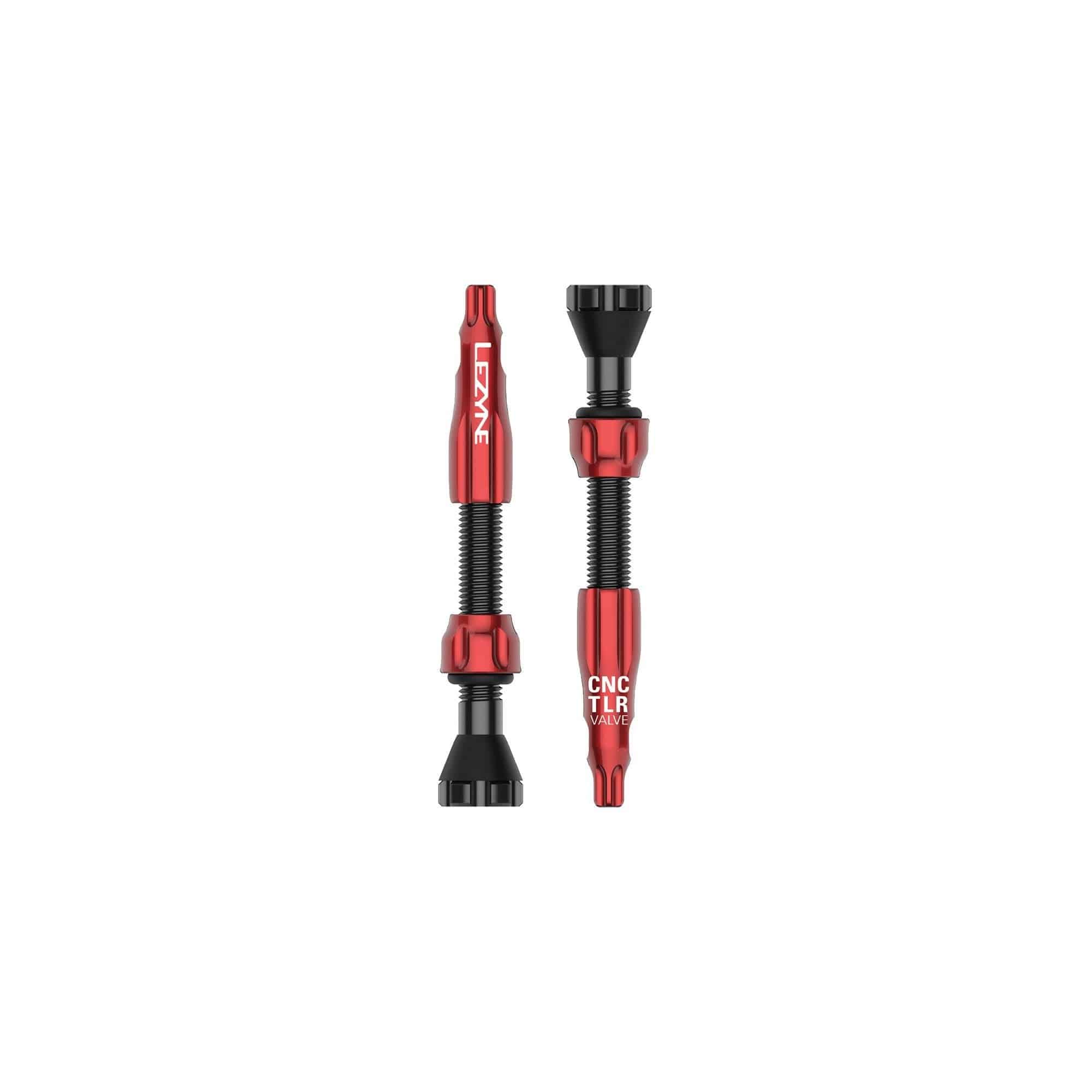 Lezyne CNC TLR tubeless valve pair with 44mm Presta valves and core tool for bike wheel tubeless setups.