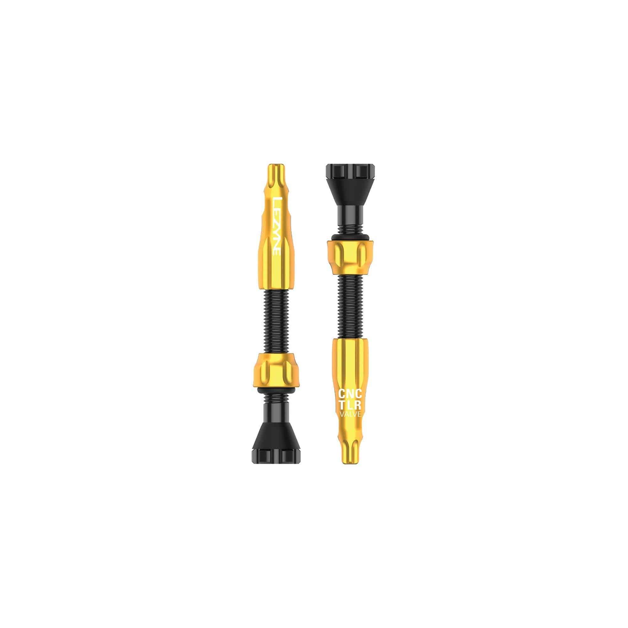 Lezyne CNC TLR tubeless valve pair with 44mm Presta valves and core tool for bicycle wheel tubeless setups.