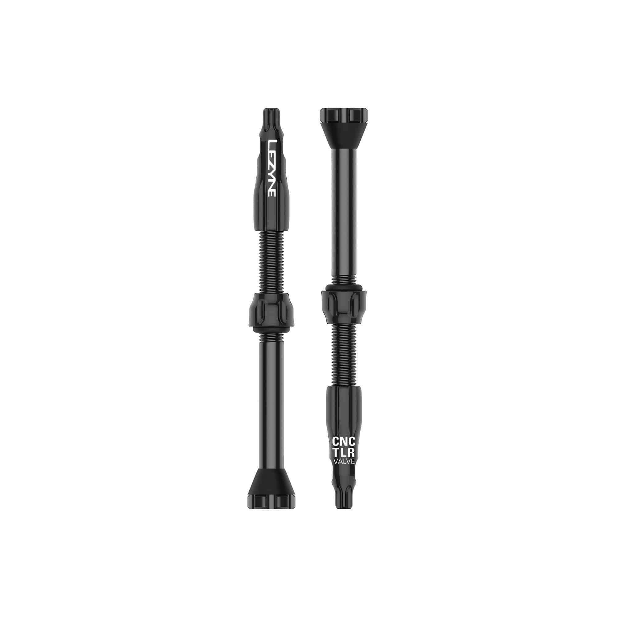 Lezyne CNC TLR tubeless valves pair with integrated valve core tool, 60mm length for bike wheel tubeless tire setup.
