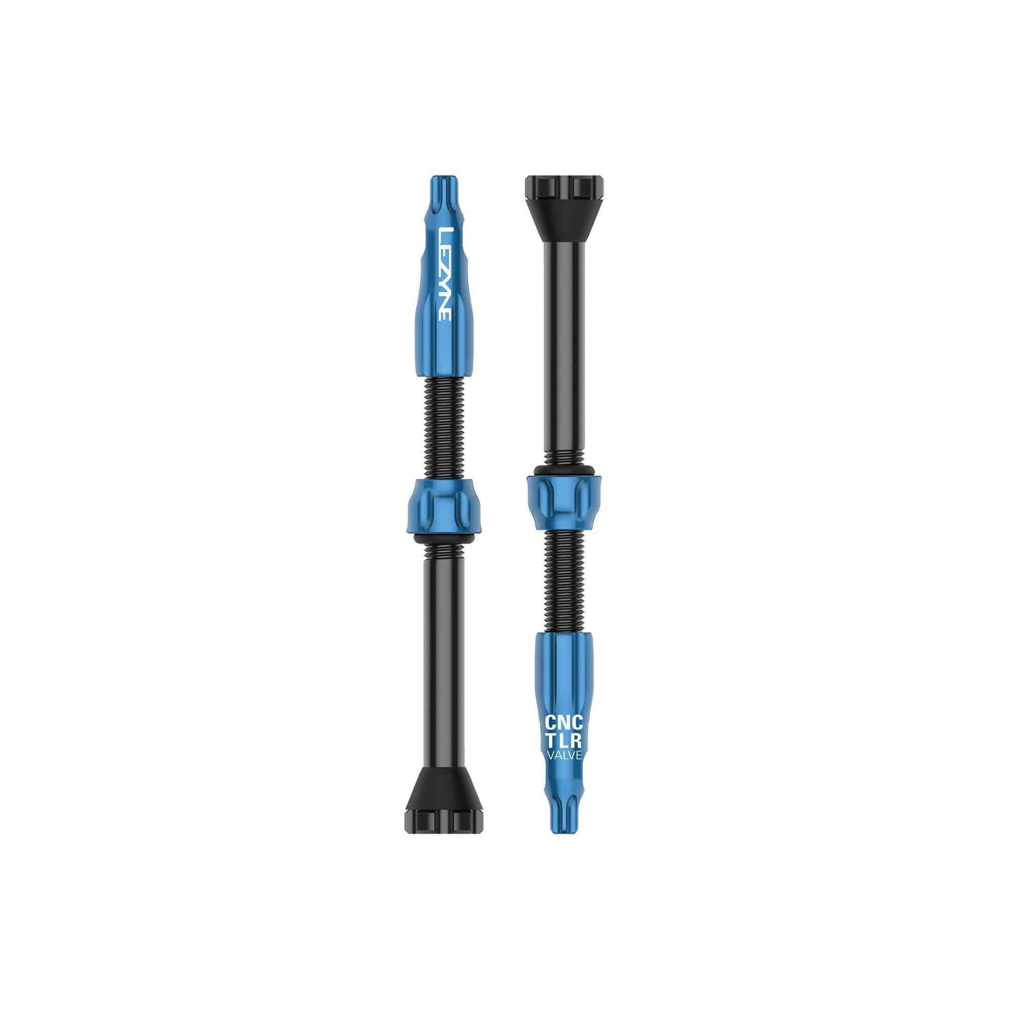 Lezyne CNC TLR tubeless valve pair with 60mm length and integrated valve core tool for bike wheel components.