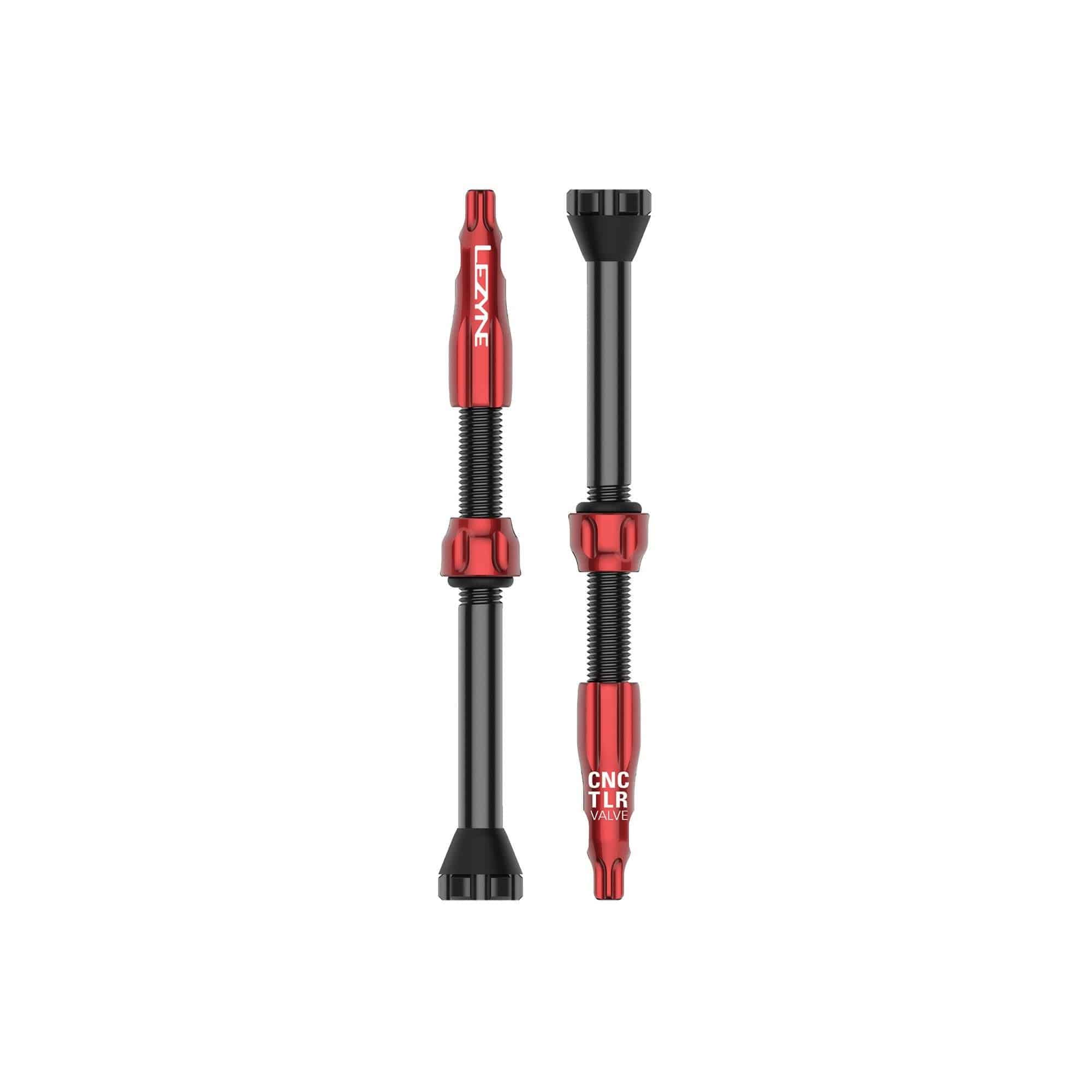 Lezyne CNC TLR tubeless valve pair with 60mm length and integrated valve core tool for bike wheel maintenance.