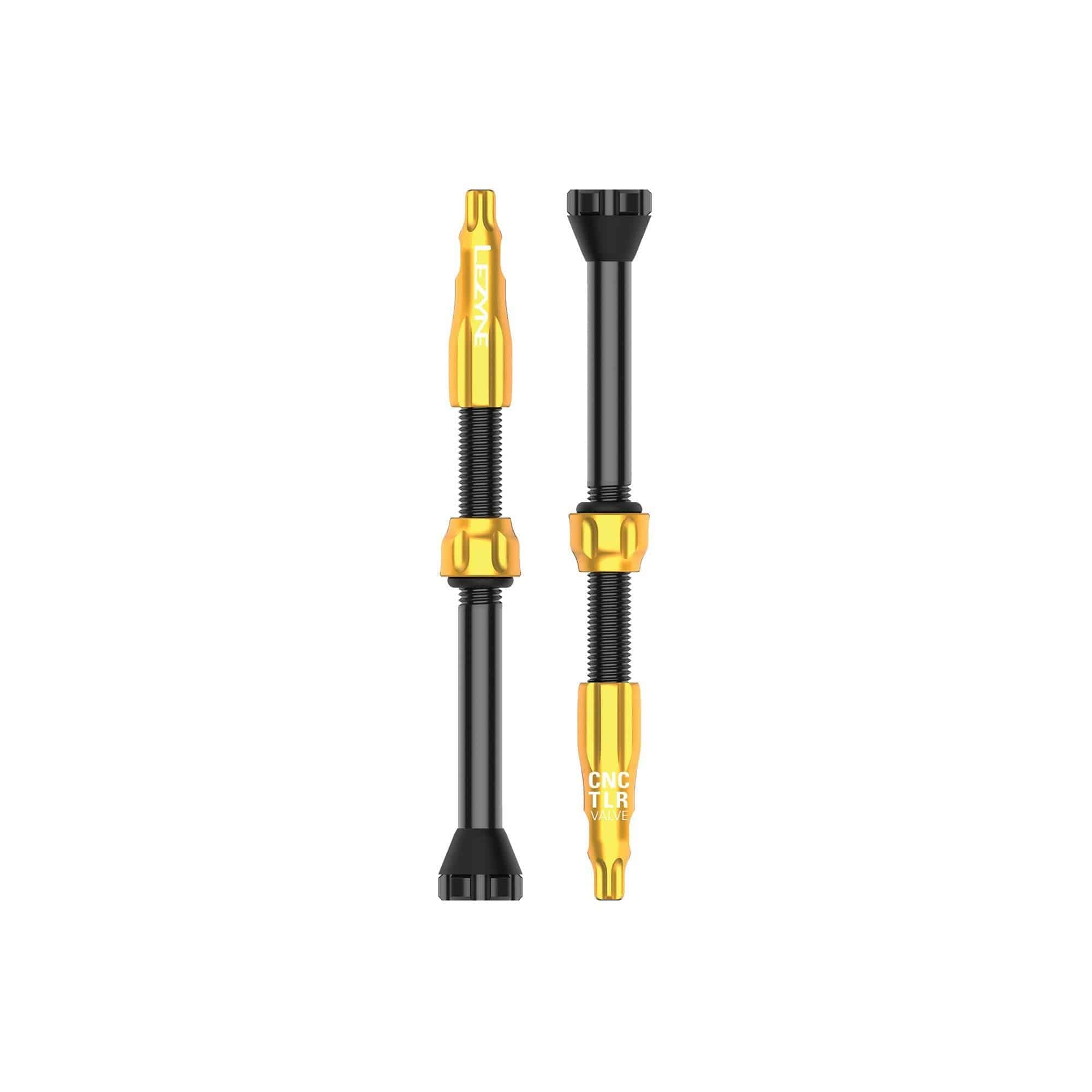 Lezyne CNC TLR tubeless valve pair with 60mm length and integrated valve core tool for bike wheel maintenance.