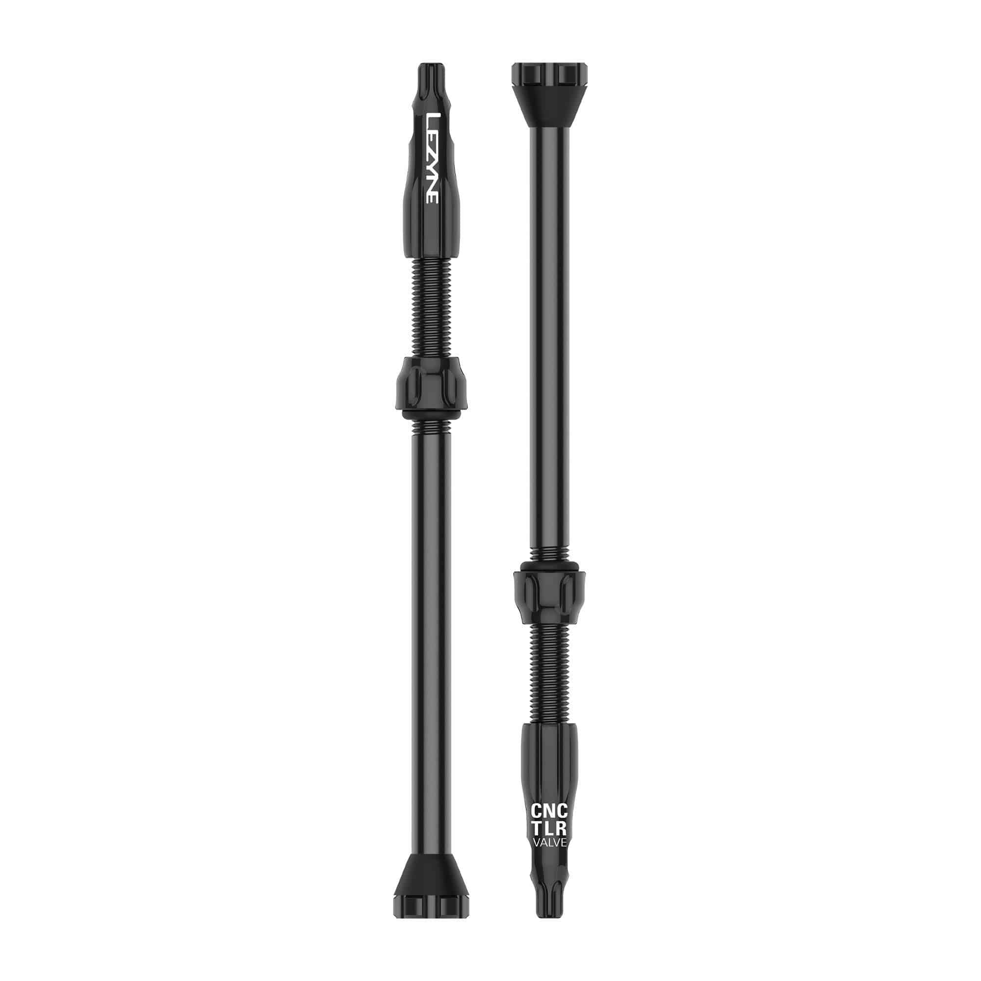 Lezyne CNC TLR tubeless valves pair with 80mm Presta valves and locknuts for bicycle wheel tubeless setups.