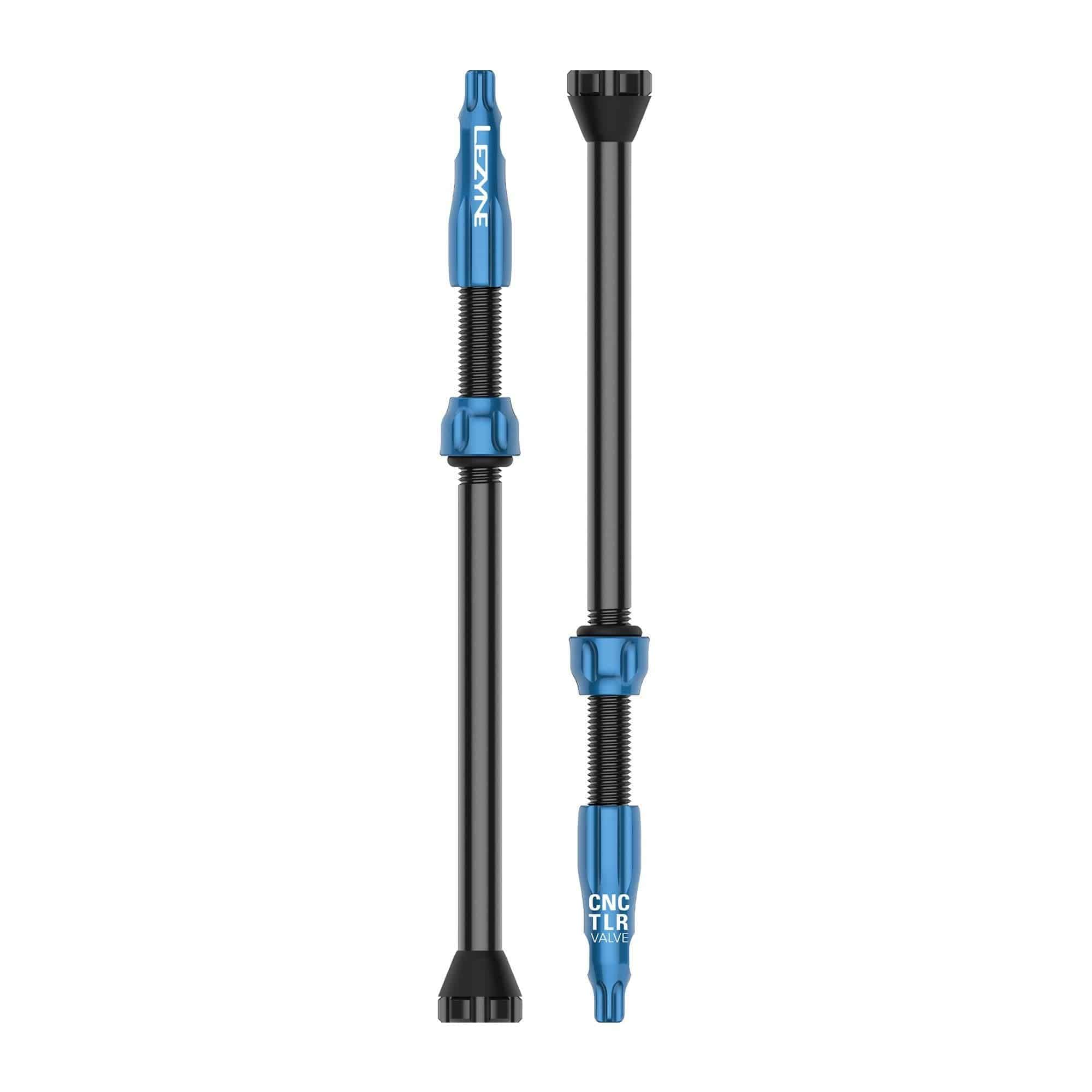 Lezyne CNC TLR tubeless valve pair with 80mm Presta valves and locknuts for bicycle wheels.