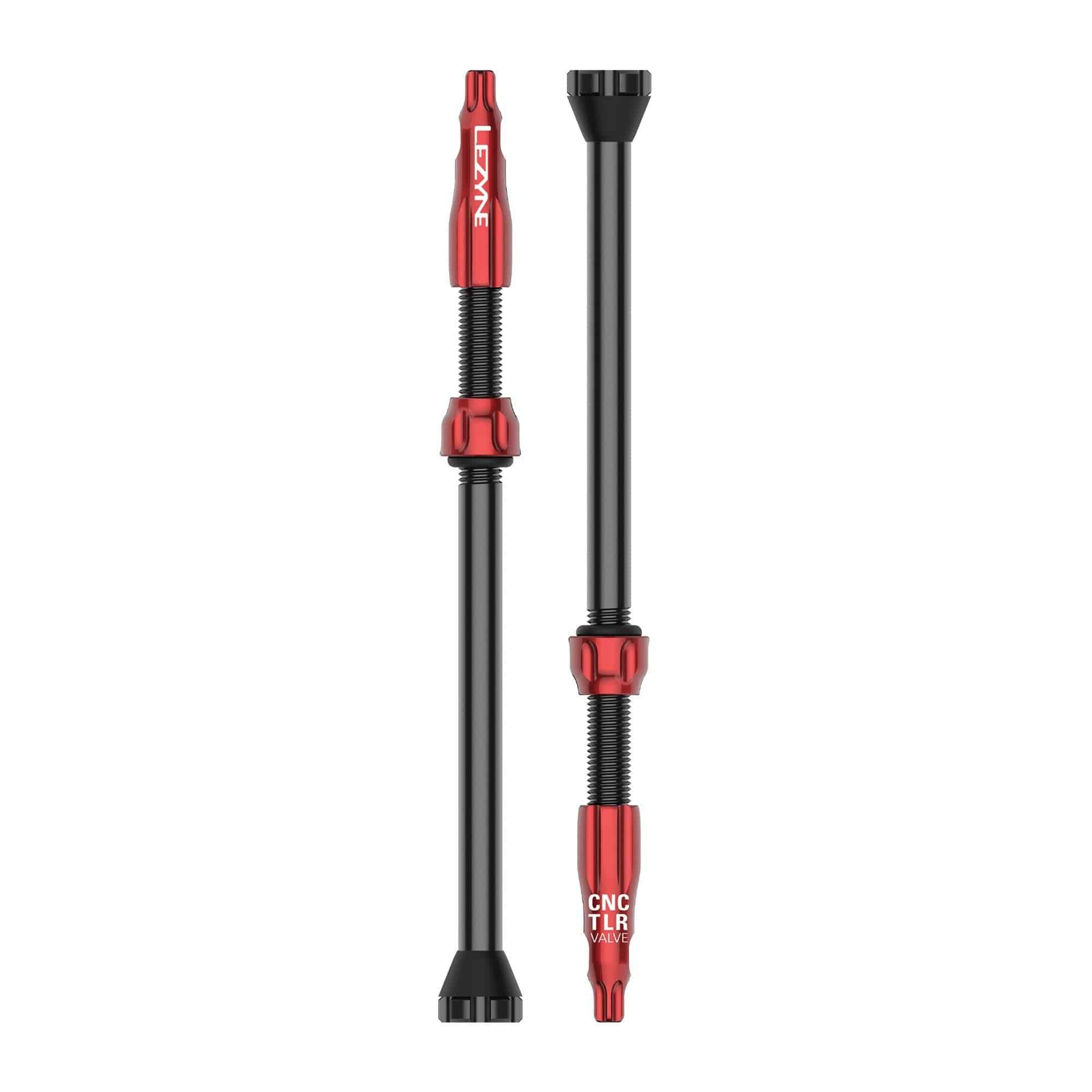 Lezyne CNC TLR tubeless valves pair with 80mm Presta valves and locknuts, suitable for bike wheel tubeless setups.