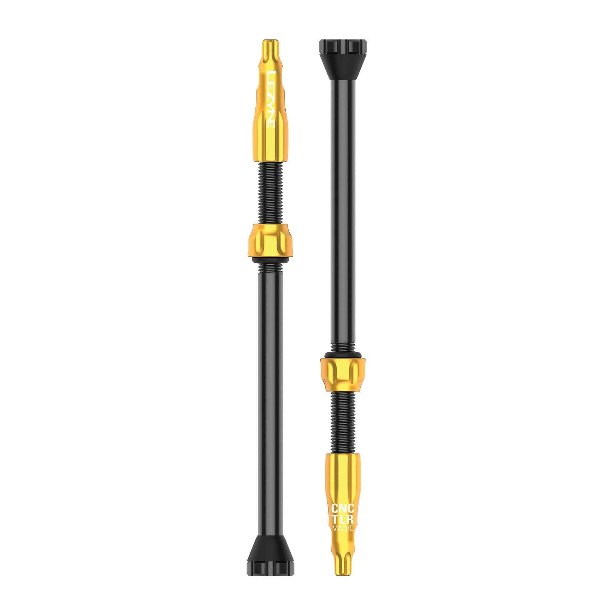 Lezyne CNC TLR tubeless valve pair with 80mm Presta valves and locknuts for bicycle wheels and tubeless setups.