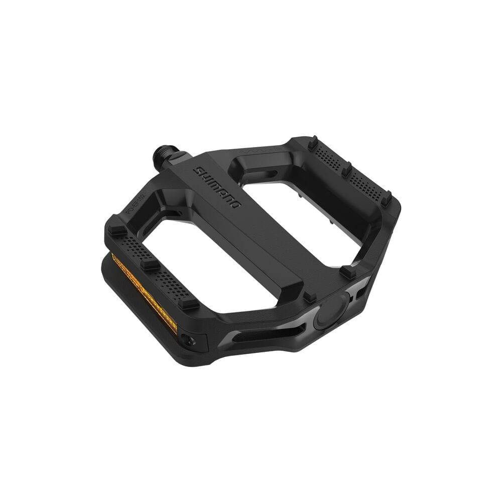 Shimano PD-EF102 resin flat bike pedals in black, durable platform design for mountain and commuter bikes.