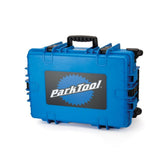 Park Tool BX-3 rolling blue workshop tool case with wheels and extendable handle for easy transport and storage.
