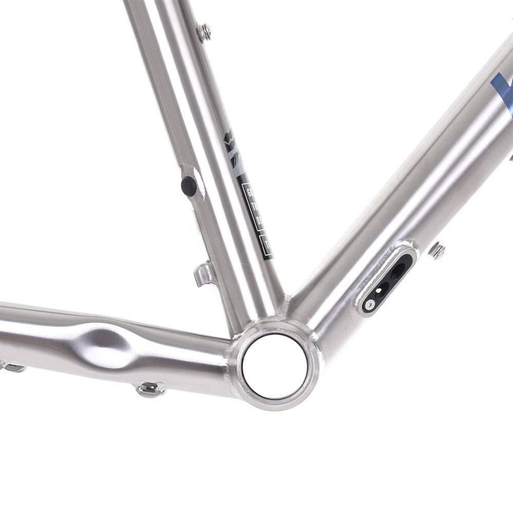 Kinesis UK GTD V2 titanium road frameset with carbon fork and disc brake mounts, showcasing sleek frame tubing and mounting points.