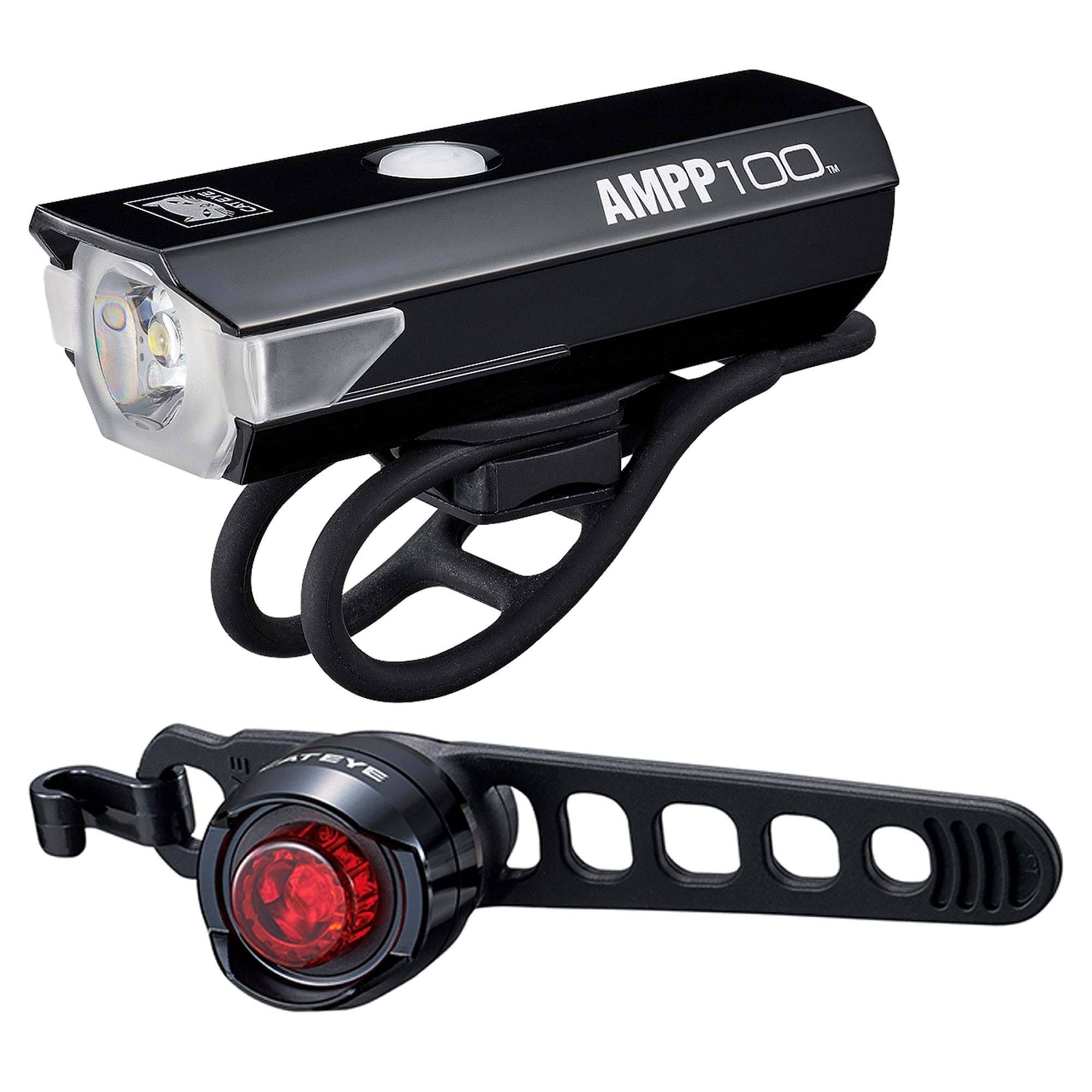CatEye AMPP 100 and Orb rechargeable bike light set with USB front and rear lights, black, designed for cycling safety and visibility