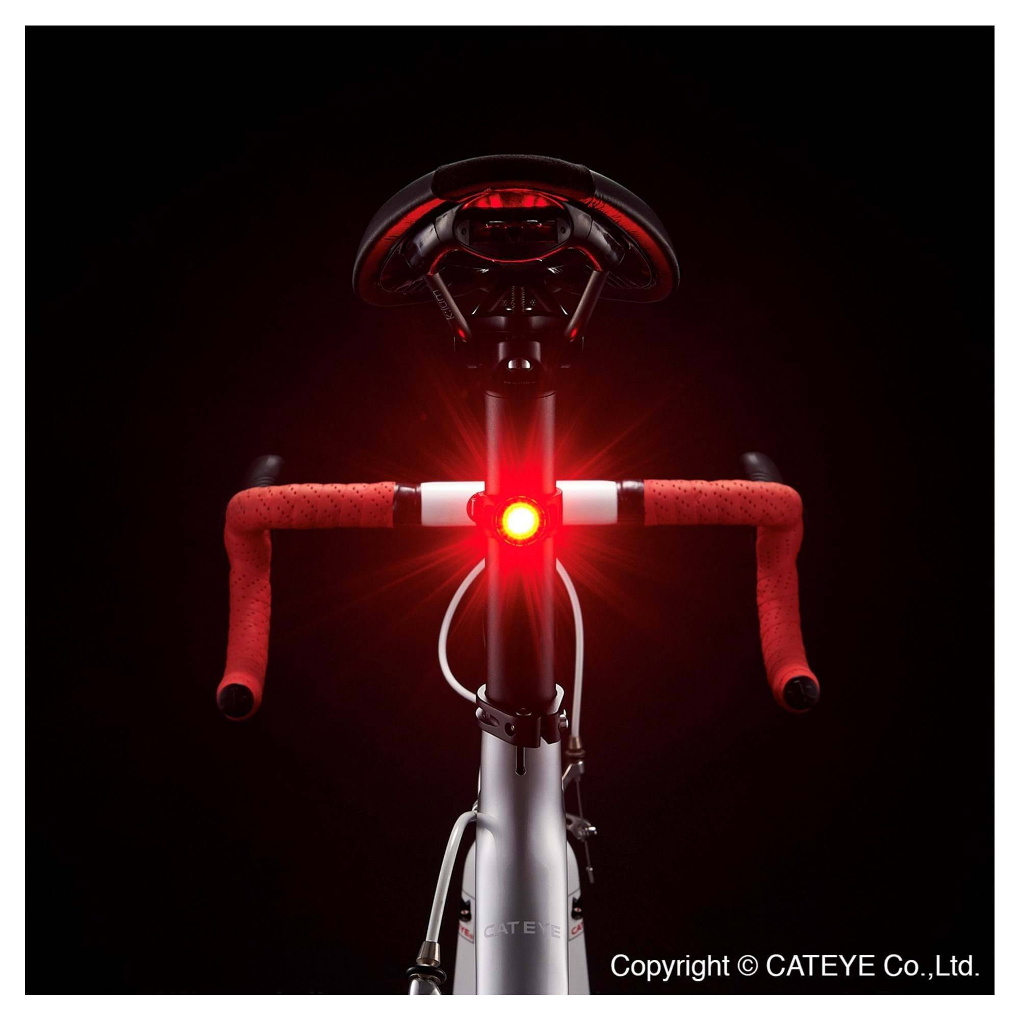Black CatEye AMPP 100 and Orb rechargeable bike light set with USB front and rear lights for cycling safety.