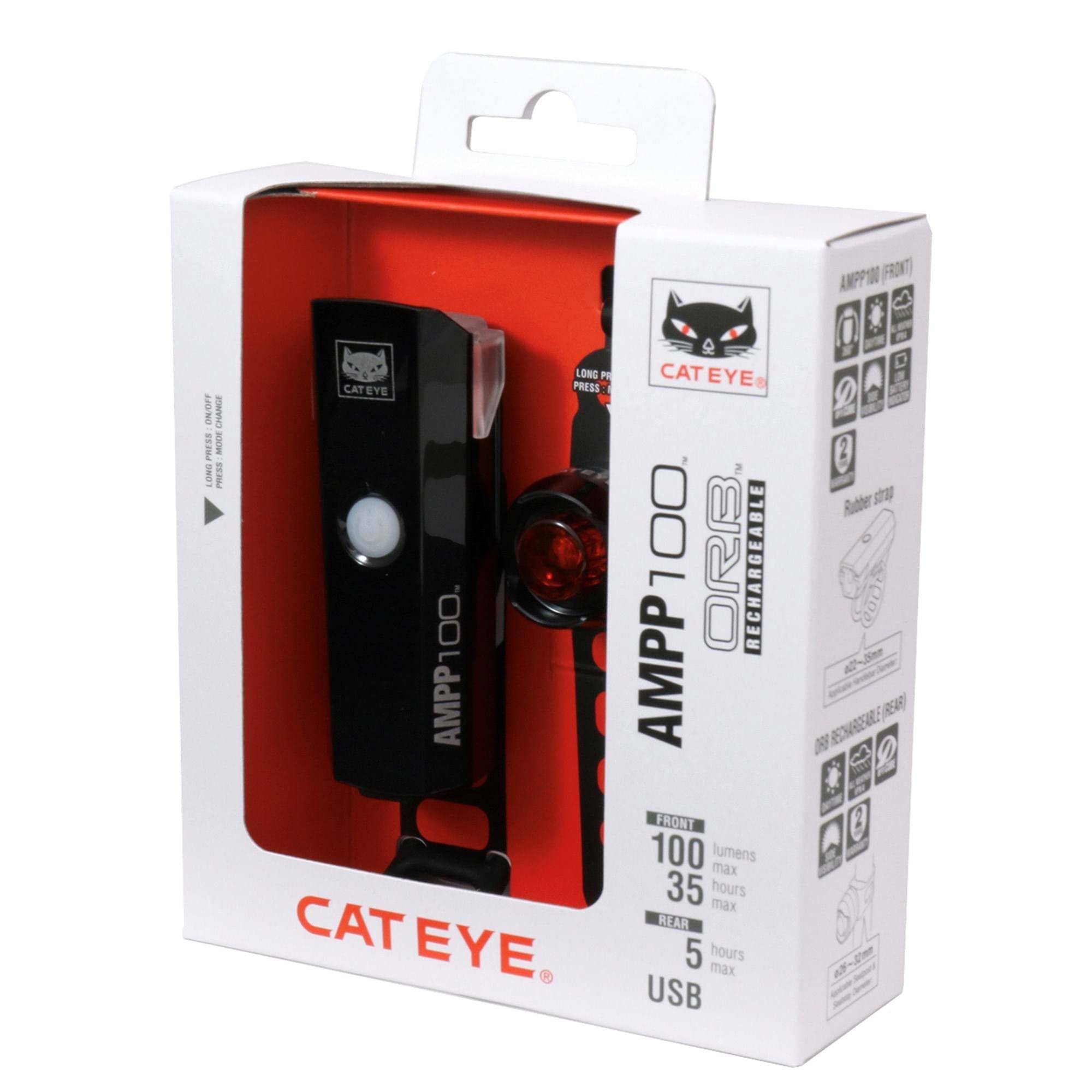 CatEye AMPP 100 and Orb rechargeable bike light set with USB front and rear lights in black for cycling safety.