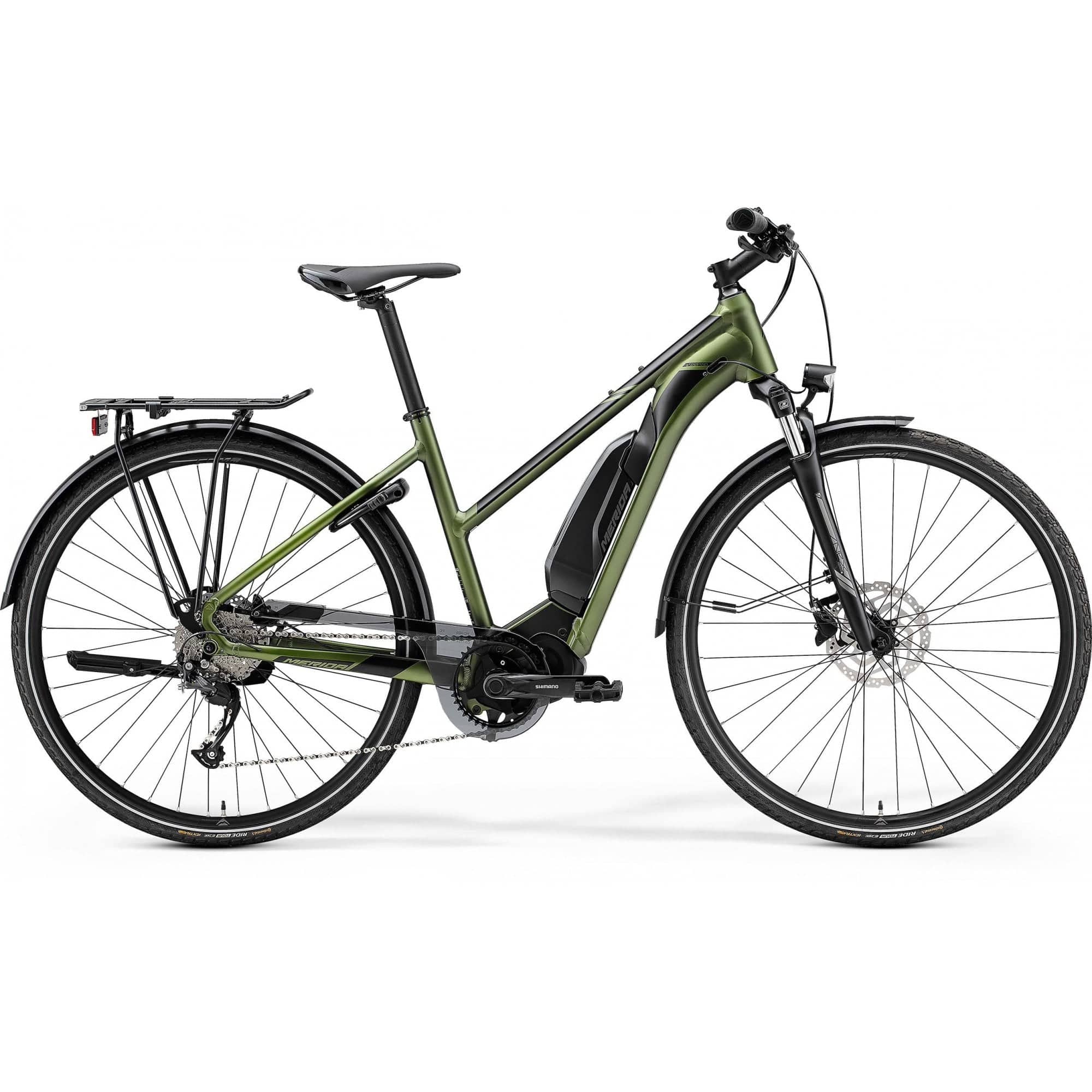 Merida eSpresso 300SE EQ women's hybrid e-bike with Shimano STEPS motor and 418Wh battery, shown outdoors with sleek design.