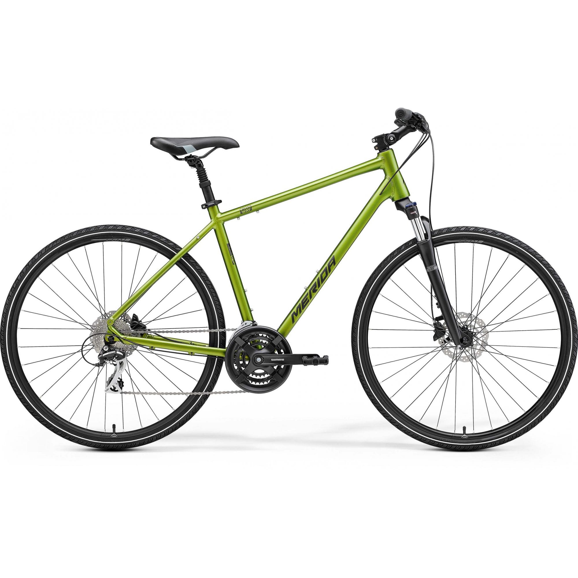 Merida Crossway 20D hybrid bike with Shimano Acera gears and disc brakes, featuring a lightweight frame and ergonomic handlebars.