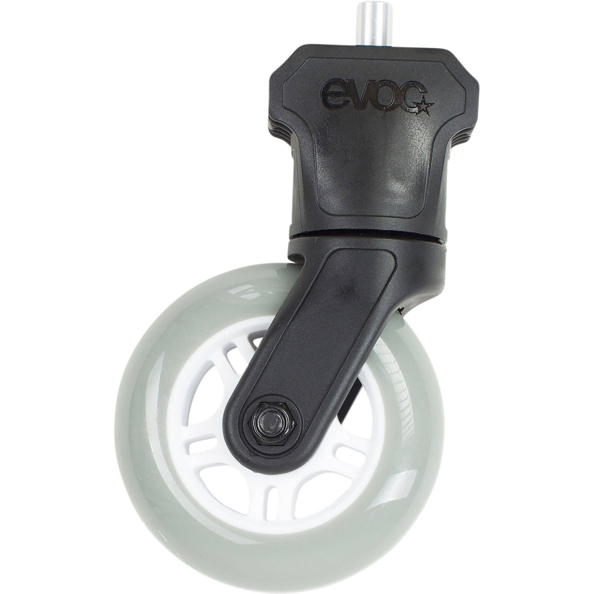 Black EVOC Clip On Wheel 1 Pin Version 2022 accessory for bike bags, designed for easy attachment and secure transport.