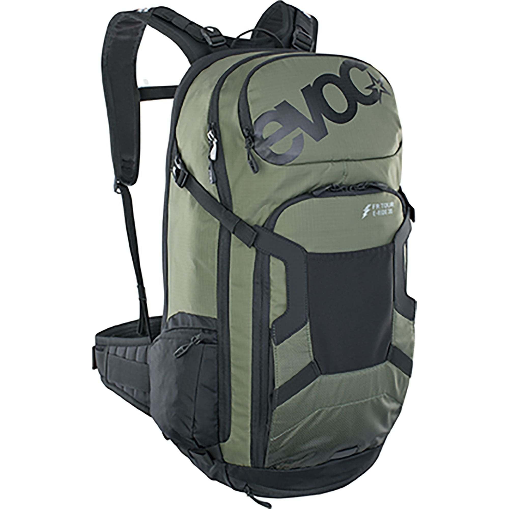 EVOC FR Tour E-Ride Protector Backpack 2022 in dark olive and black with back protection, 30L capacity, designed for cycling accessories.