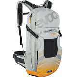 EVOC FR Enduro E-Ride Protector Backpack 16L with battery compartment in stone and orange for mountain biking accessories.