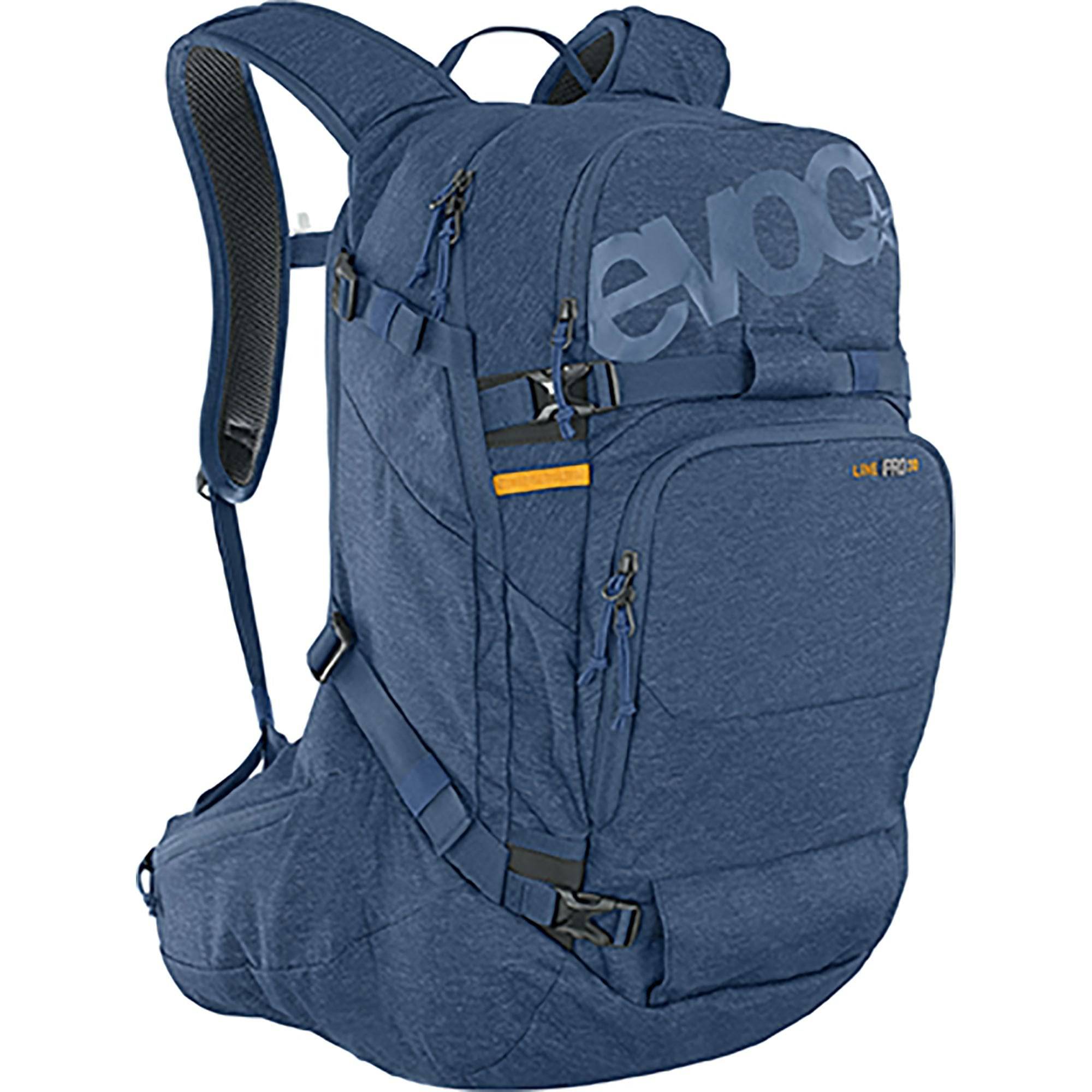 EVOC Line Pro 30L backpack with LITESHIELD PLUS spinal protection, designed for touring and freeride outdoor adventures.