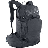 EVOC Line Pro backpack with LITESHIELD PLUS spinal protection and ski/snowboard attachments in black and orange.