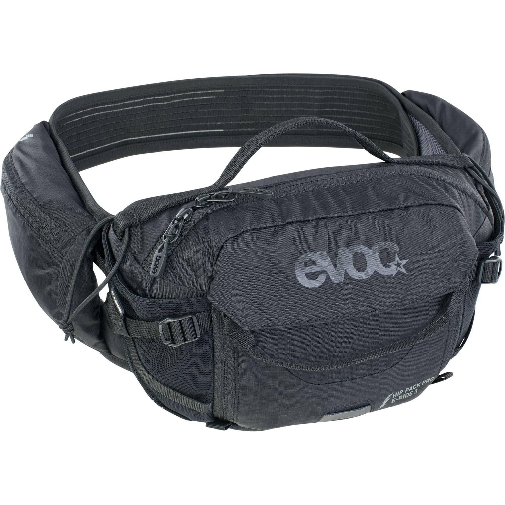 EVOC Hydration Hip Pack Pro E-Ride with 3L capacity for e-mountainbike tours, shown with water bottle and adjustable straps