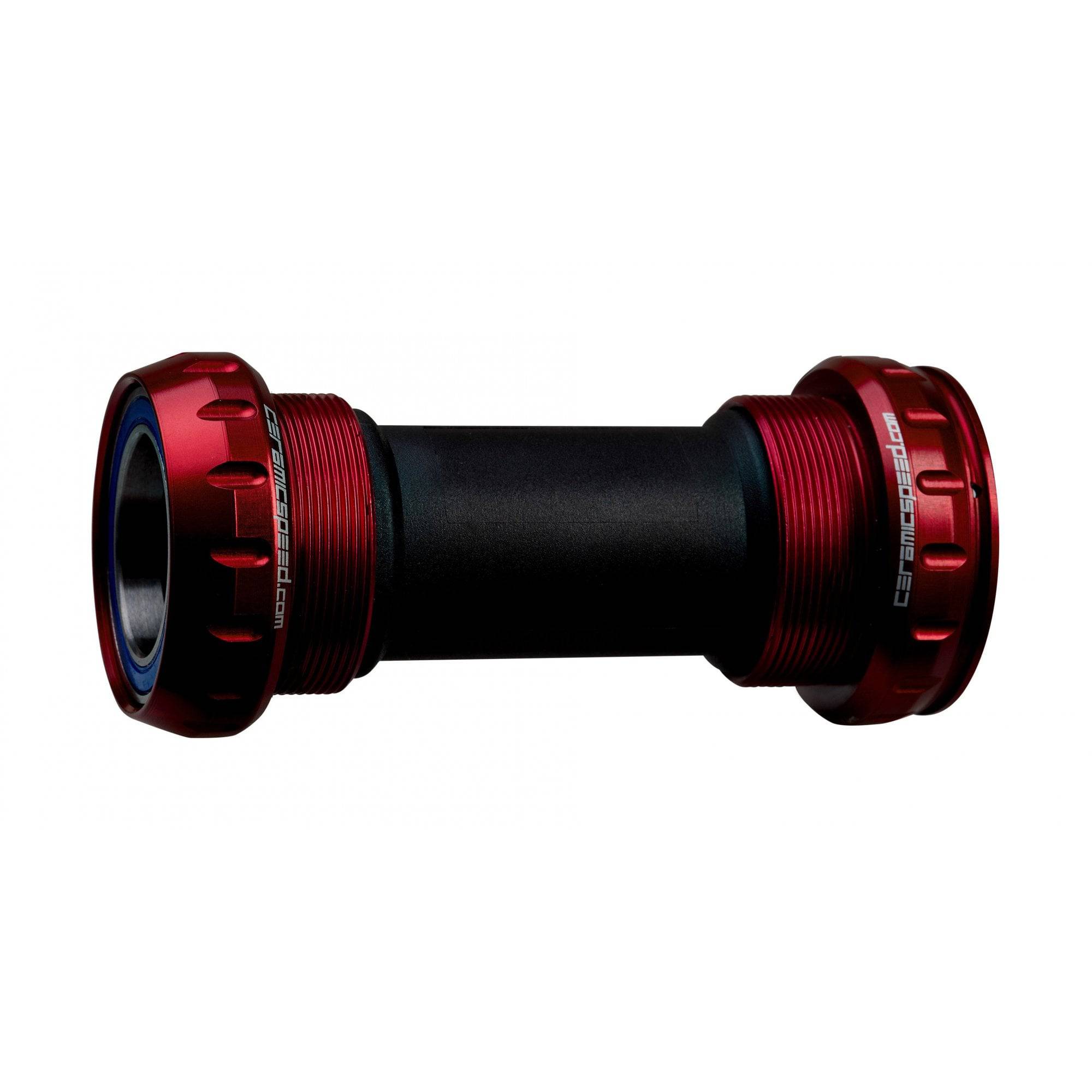 CeramicSpeed BSA Campagnolo Ultra-Torque 25mm coated bottom bracket installed in a bicycle frame, showing the sleek ceramic coating.