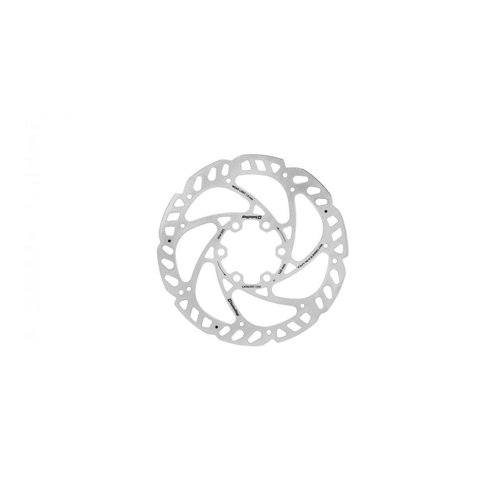 SwissStop Catalyst One high-performance 6-bolt disc brake rotors for bike components, showcasing polished metal surface and mounting holes.