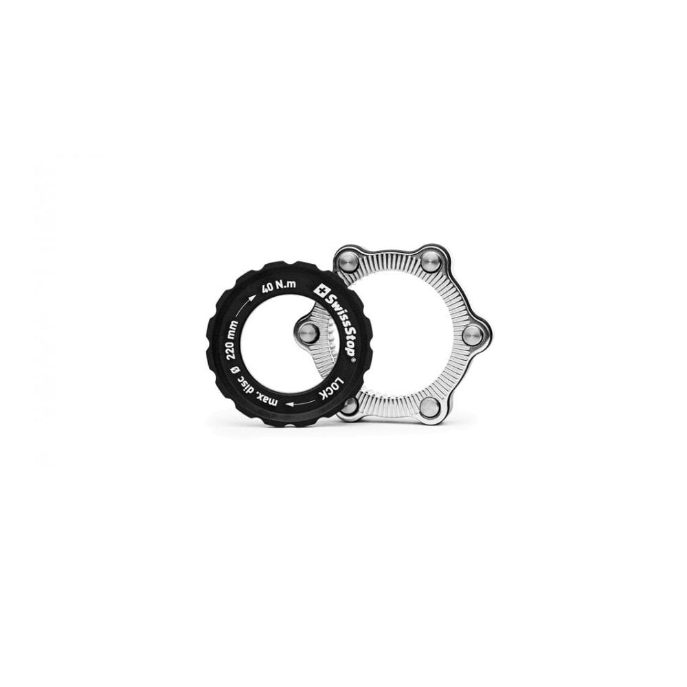 SwissStop Centrelock adaptor with lockring for disc brake rotors, black and silver, compatible with bicycle disc brake components.