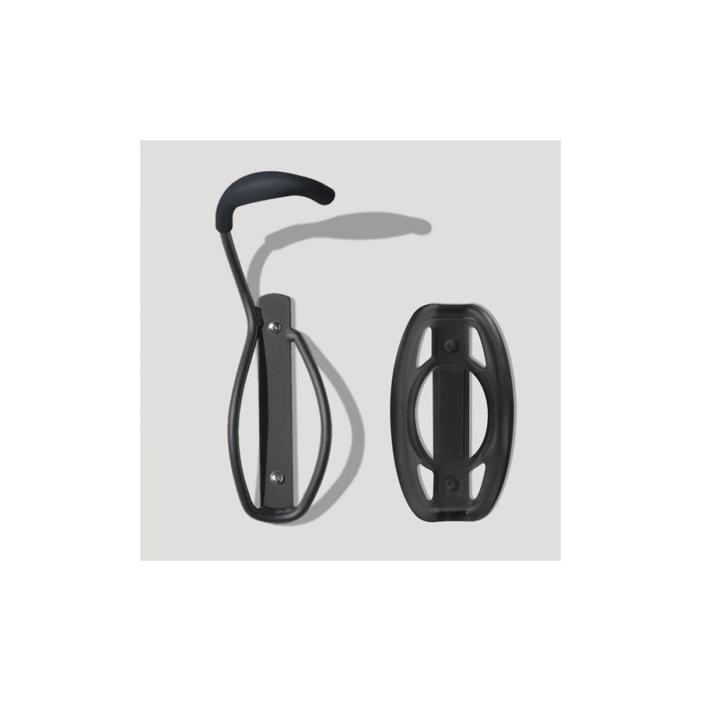 Black Delta bike hook with tray for vertical wall mount storage, designed to hold and organize a single bicycle efficiently.
