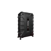 Topeak PakGo X bike transport case in black with TSA lock and wheels, designed for durable bike travel and protection.