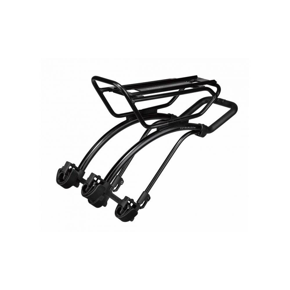 Topeak Tetrarack M2L MTB rear rack for full suspension seatstays with QuickTrack system in black, mounted on mountain bike.