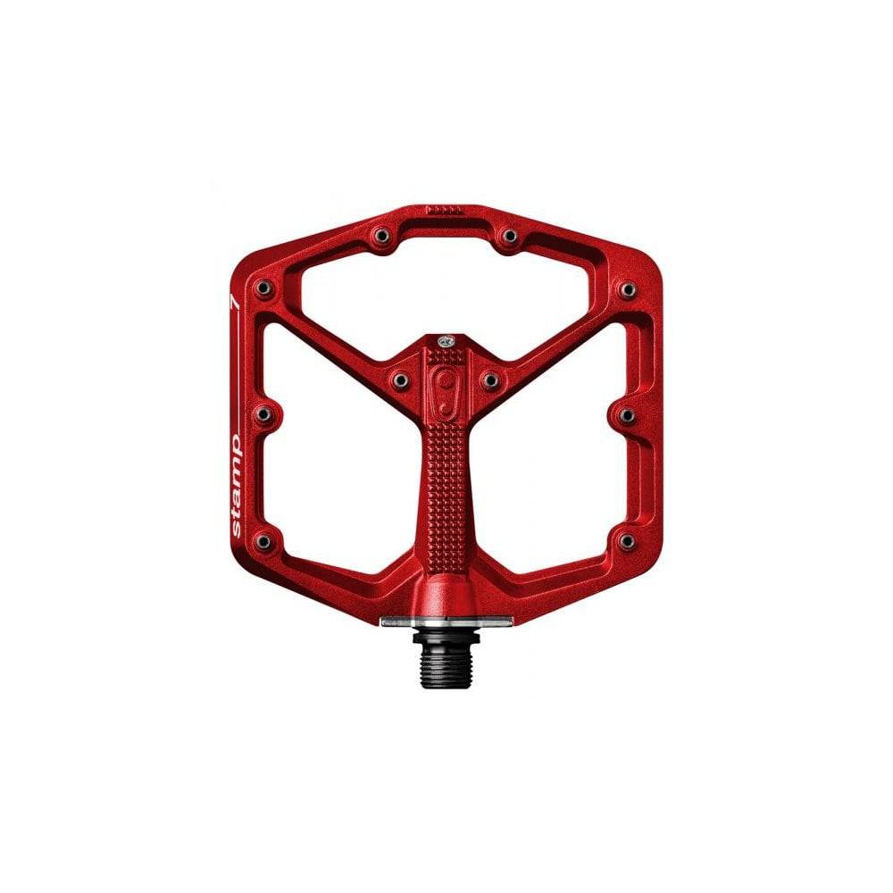 Crank Brothers Stamp 7 flat mountain bike pedal with adjustable pins, durable black metal construction and wide platform for stability.