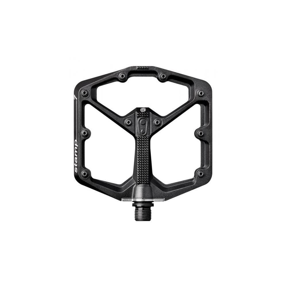 Crank Brothers Stamp 7 flat mountain bike pedal with adjustable pins, durable composite body and metal cleats for mountain biking.
